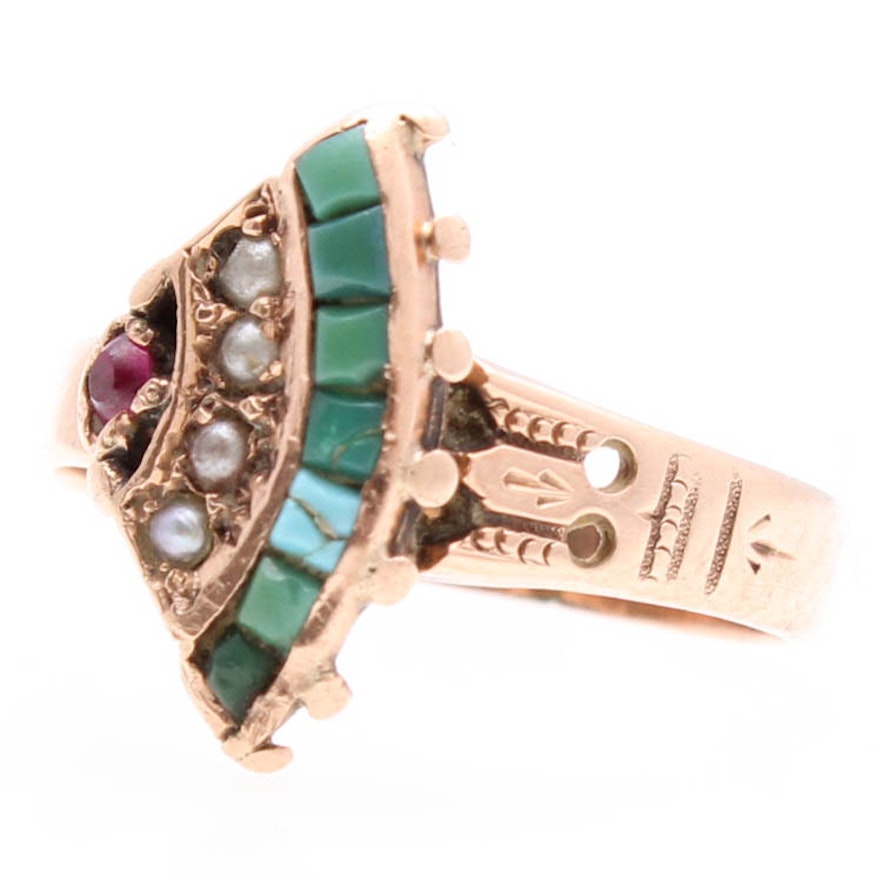 Victorian 10K Yellow Gold Turquoise, Seed Pearl, and Synthetic Ruby Ring