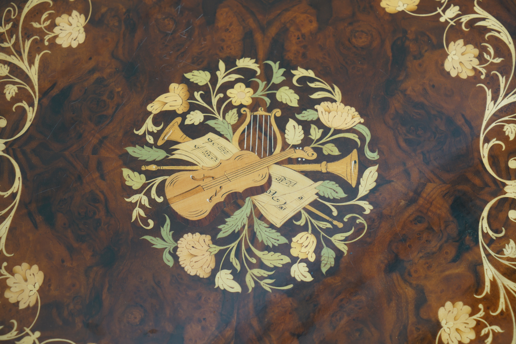 Italian Renassiance Style Burl Wood Music Box Tables with Inlay, Mid 20 Century