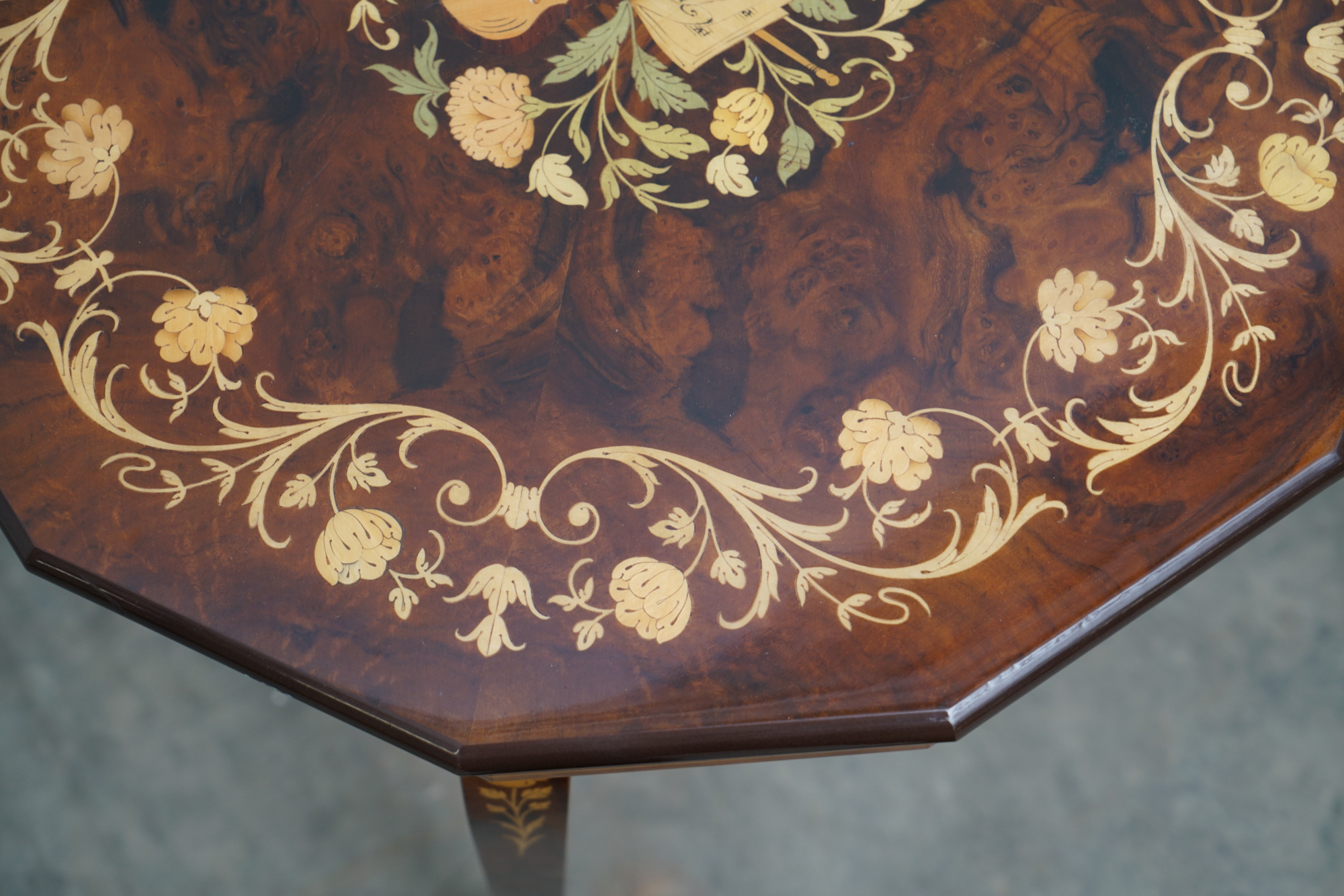Italian Renassiance Style Burl Wood Music Box Tables with Inlay, Mid 20 Century