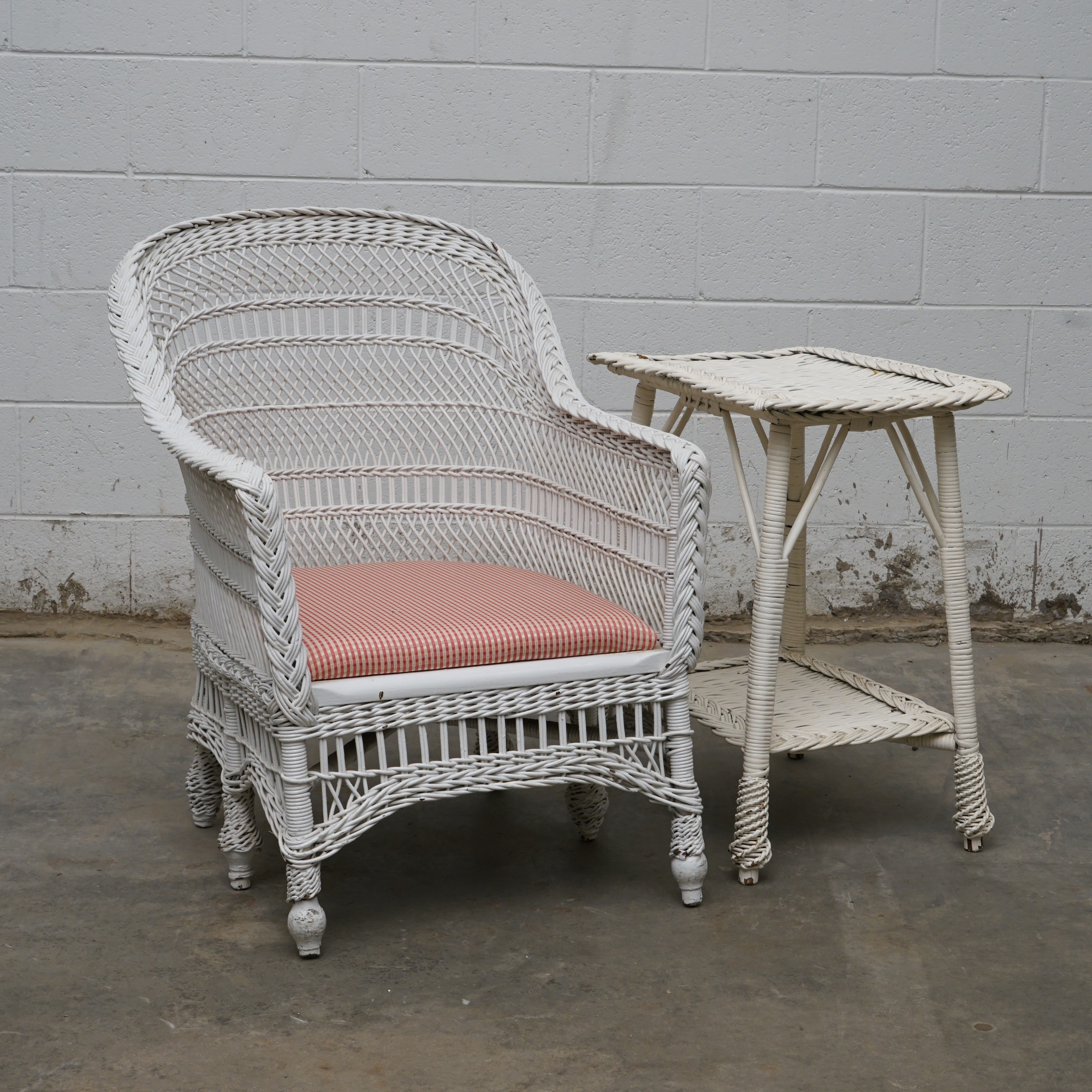 Painted Wicker Weave Patio Armchair and Side Table, Mid/Late 20th Century