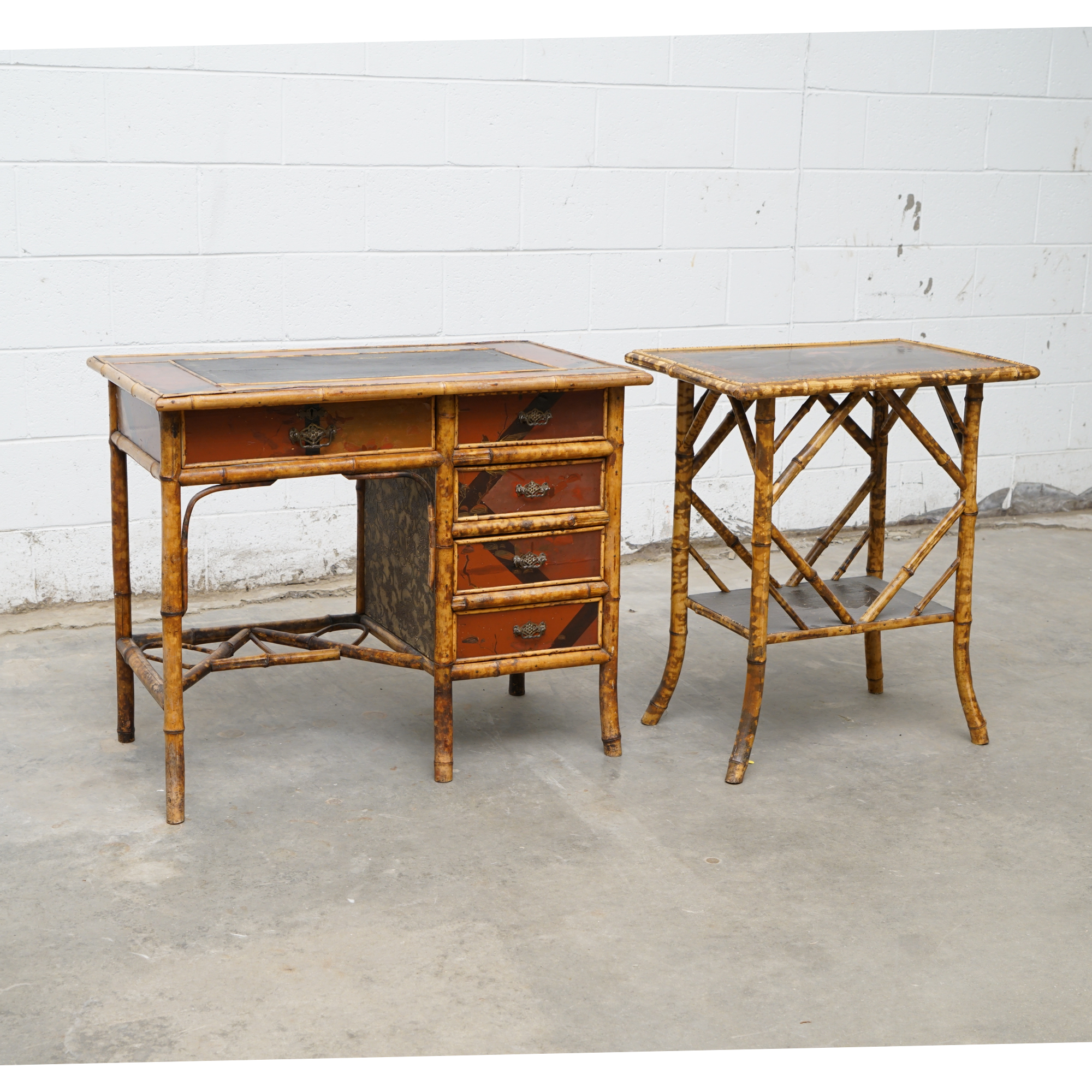 Asian Inspired Painted Wood Student Desk and Side Table, 20th Century
