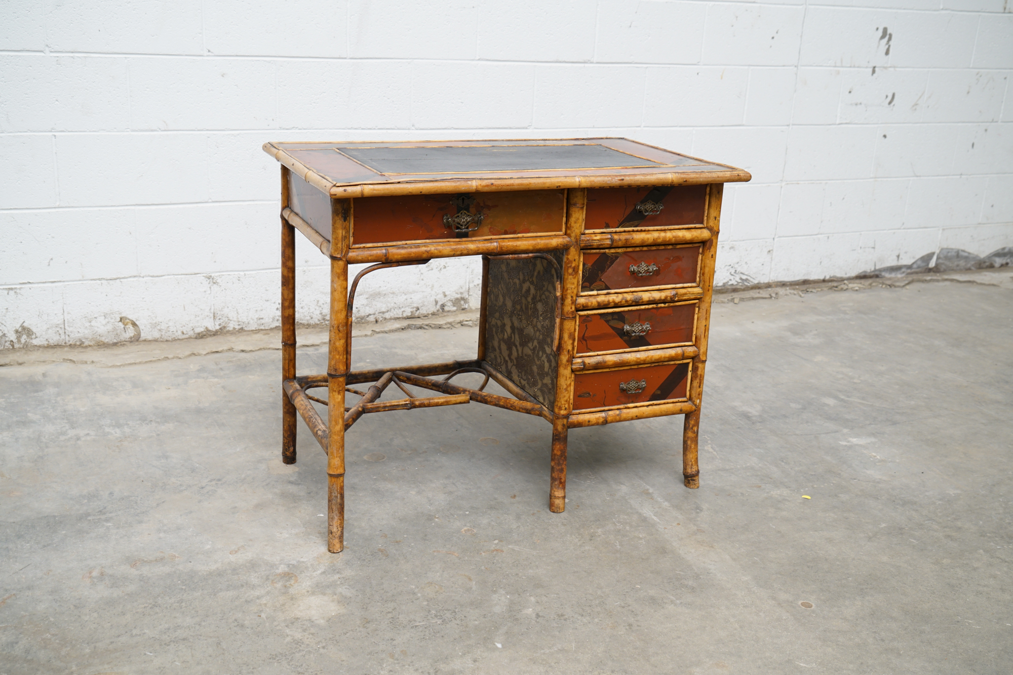 Asian Inspired Painted Wood Student Desk and Side Table, 20th Century