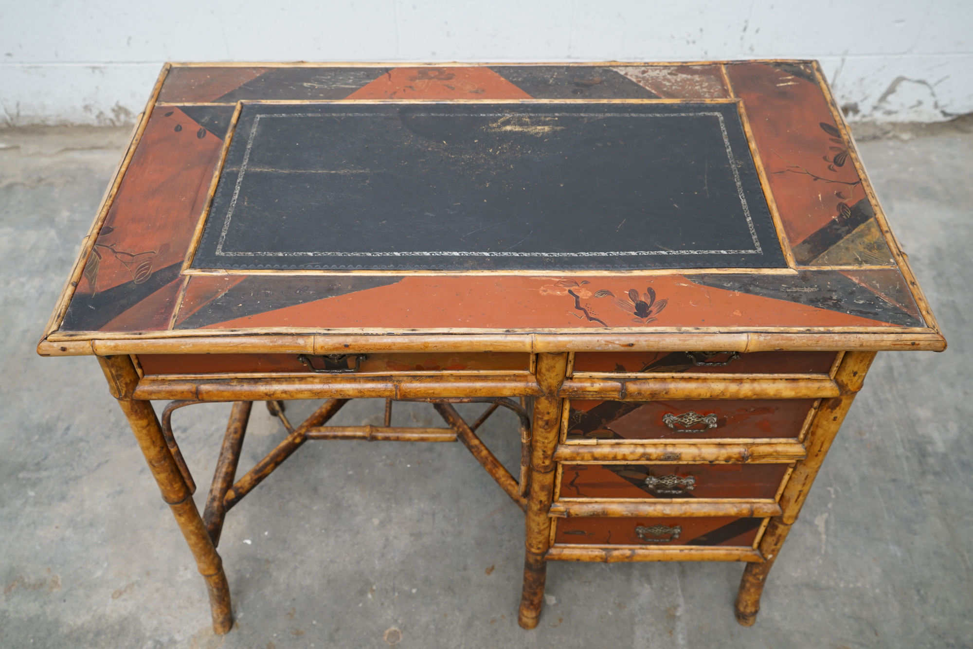 Asian Inspired Painted Wood Student Desk and Side Table, 20th Century