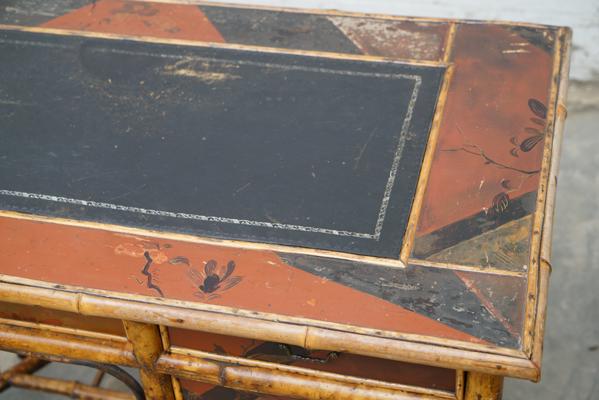 Asian Inspired Painted Wood Student Desk and Side Table, 20th Century