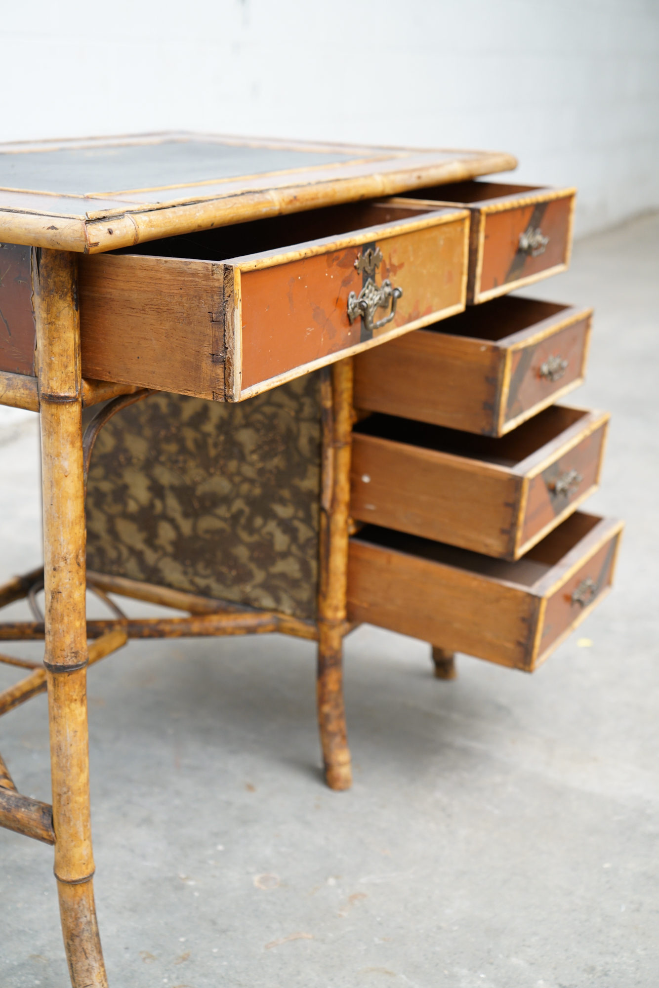 Asian Inspired Painted Wood Student Desk and Side Table, 20th Century
