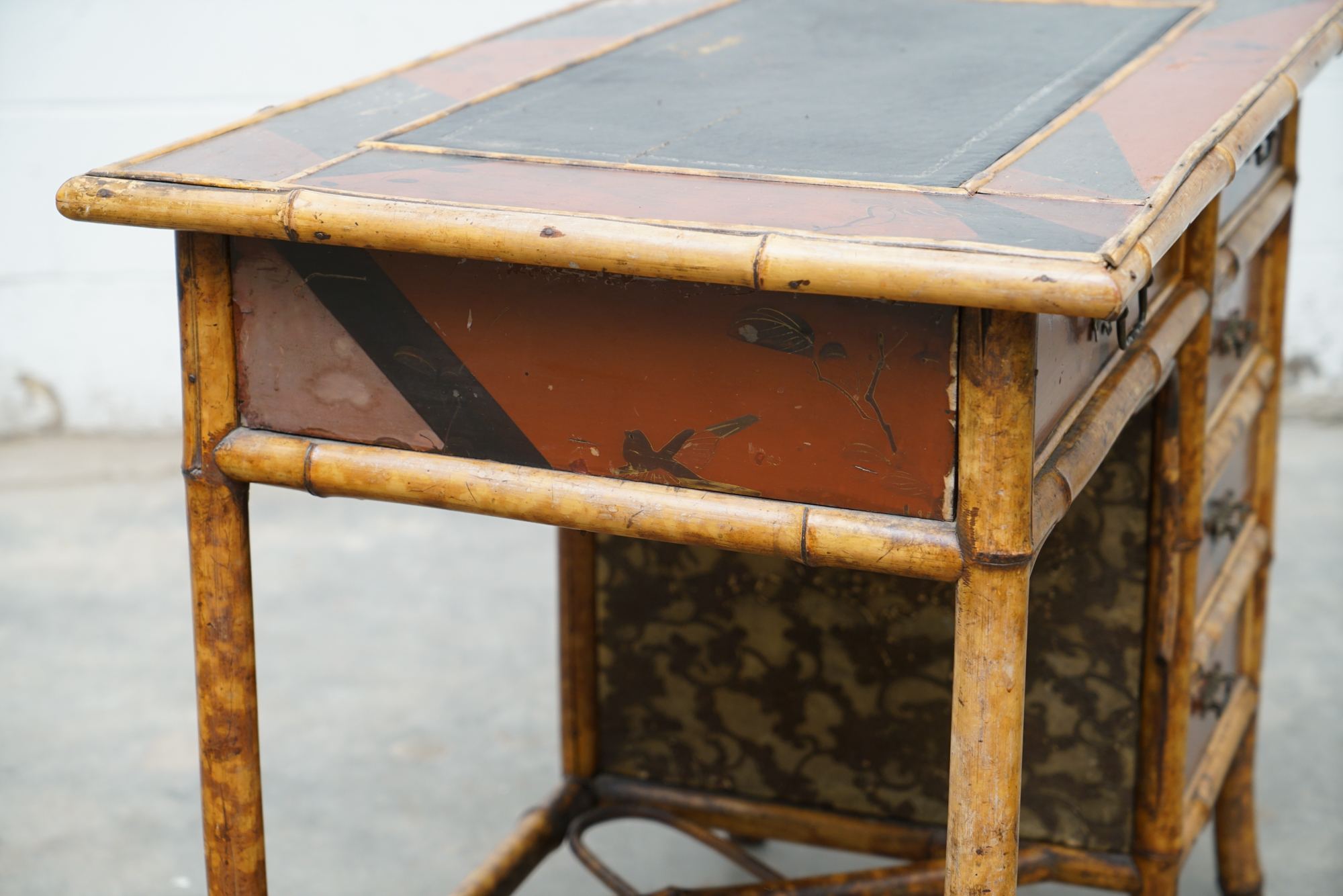 Asian Inspired Painted Wood Student Desk and Side Table, 20th Century