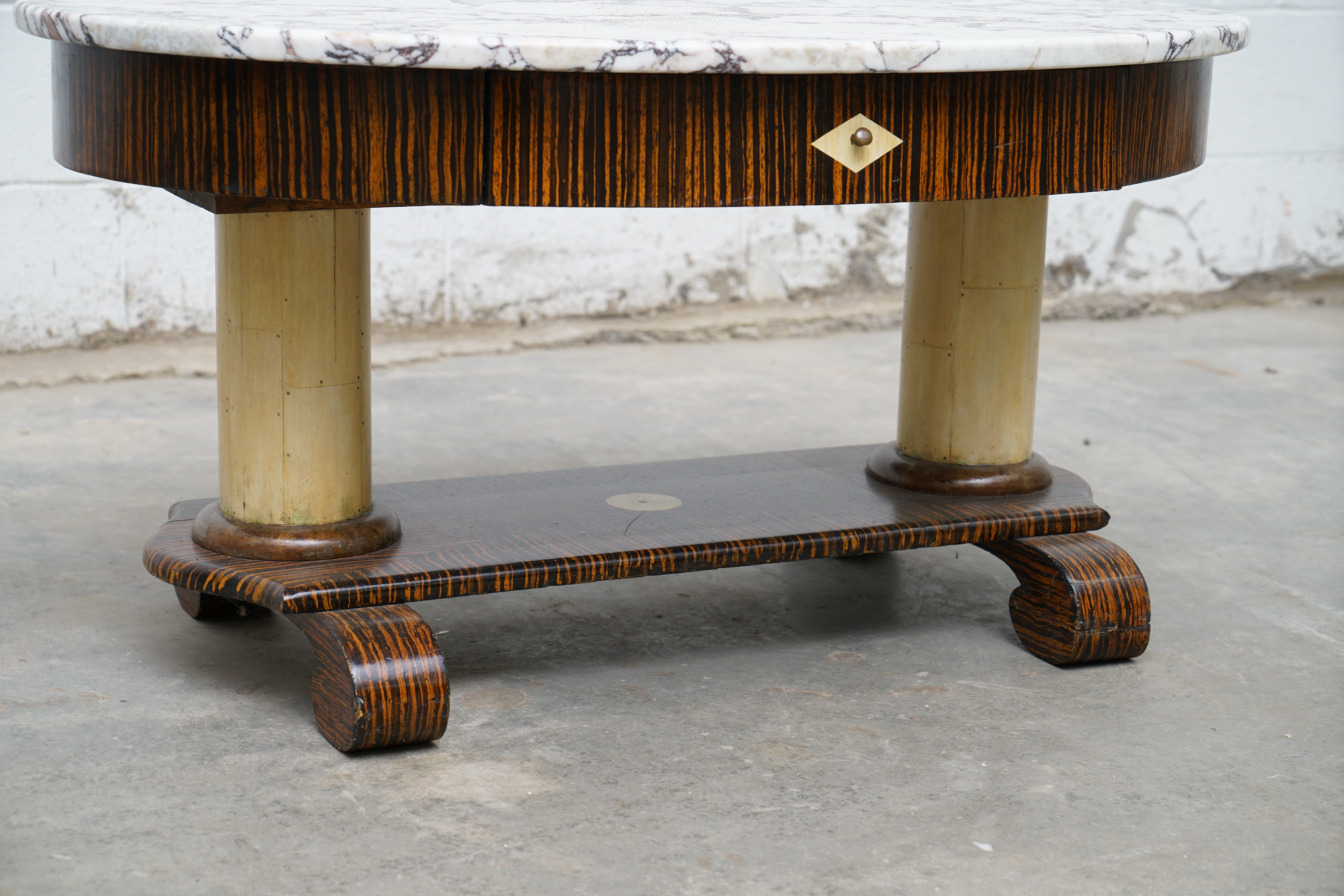 Art Deco Style Painted-Calamander & White Marble Coffee Table by Wolverine Mfg.