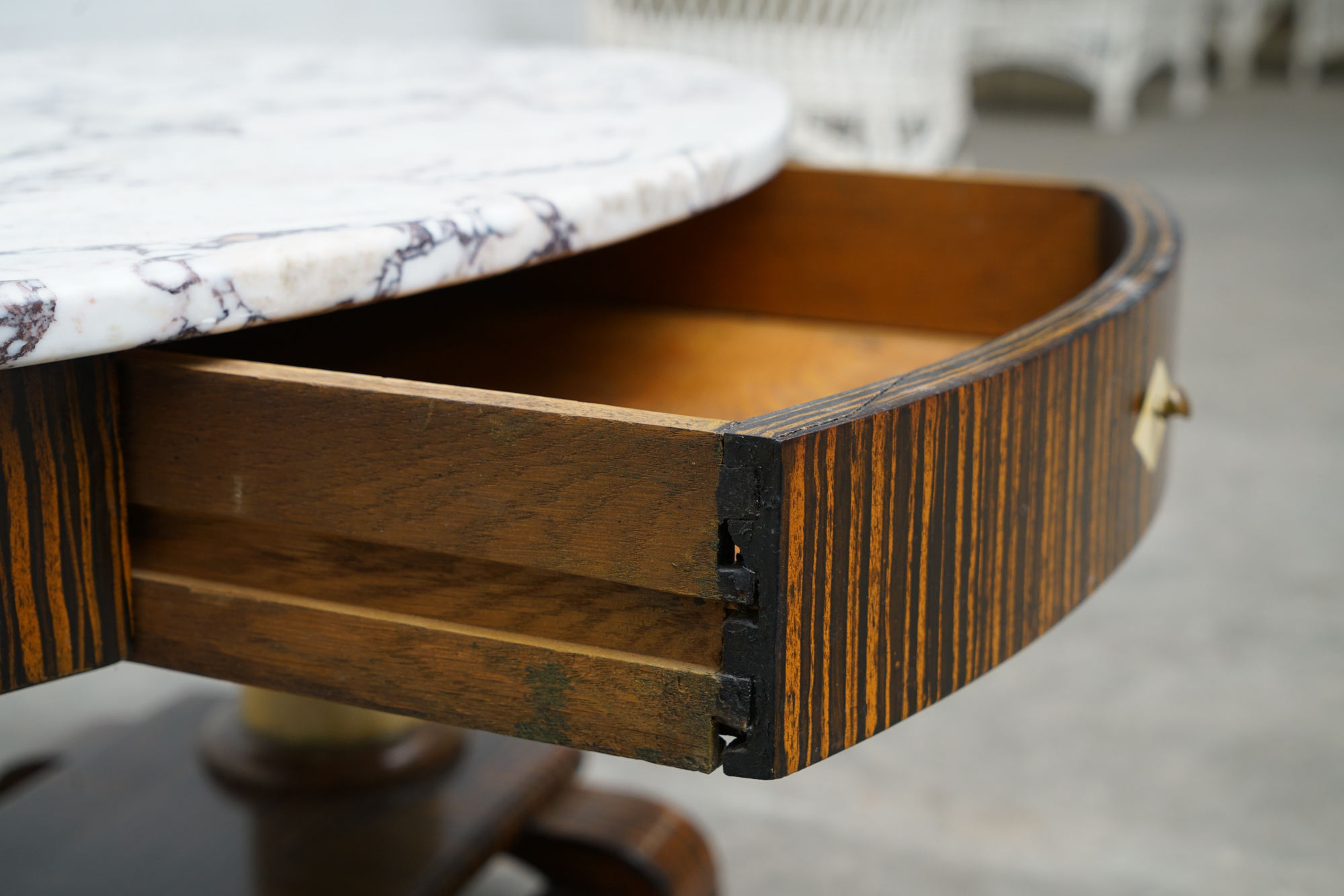 Art Deco Style Painted-Calamander & White Marble Coffee Table by Wolverine Mfg.