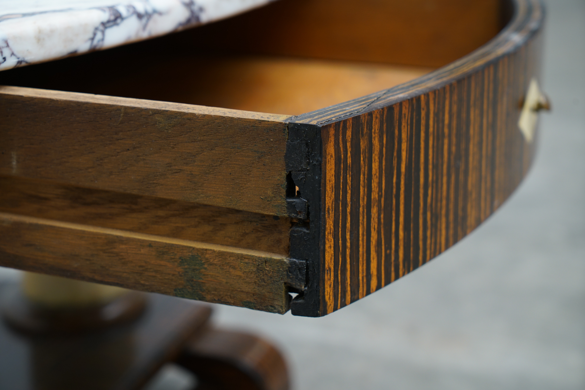 Art Deco Style Painted-Calamander & White Marble Coffee Table by Wolverine Mfg.