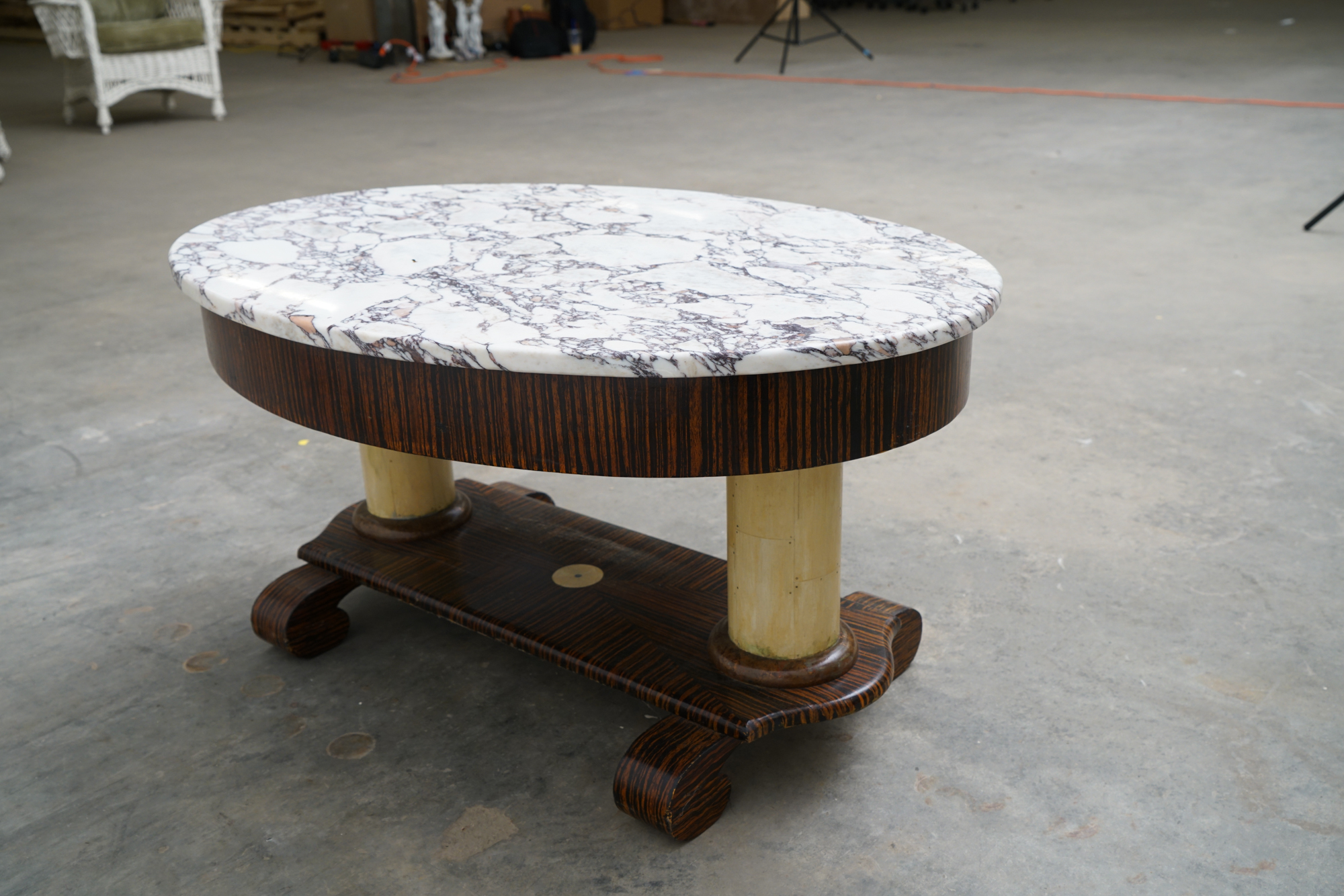 Art Deco Style Painted-Calamander & White Marble Coffee Table by Wolverine Mfg.