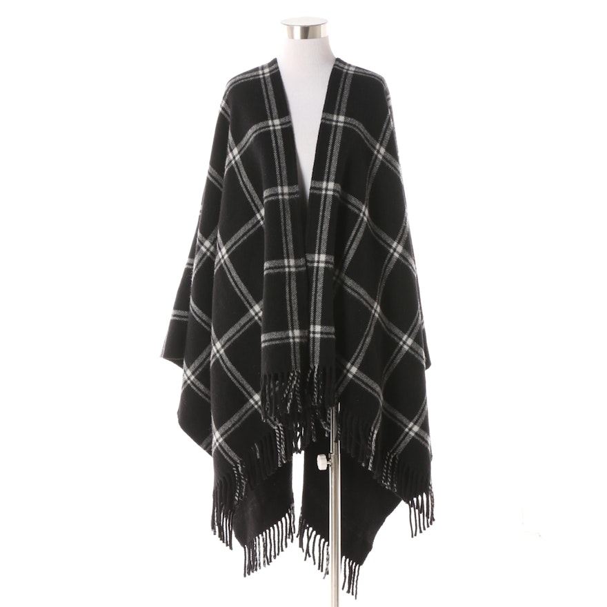 Anne Fontaine Doran Black and White Plaid Wool Open Front Poncho