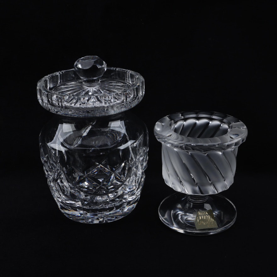 Waterford Crystal Condiment Jar and Lalique "Smyrne" Table Lighter Stand