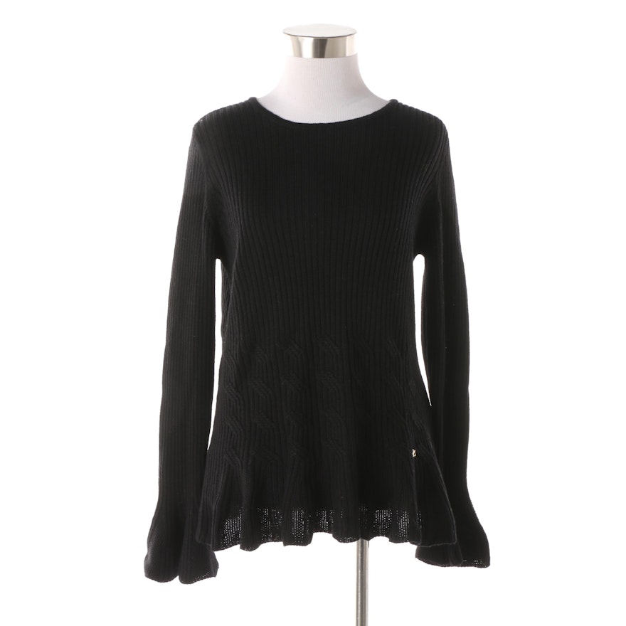 Women's Luisa Spagnoli Italian Made Black Wool Fluted Sleeve Sweater