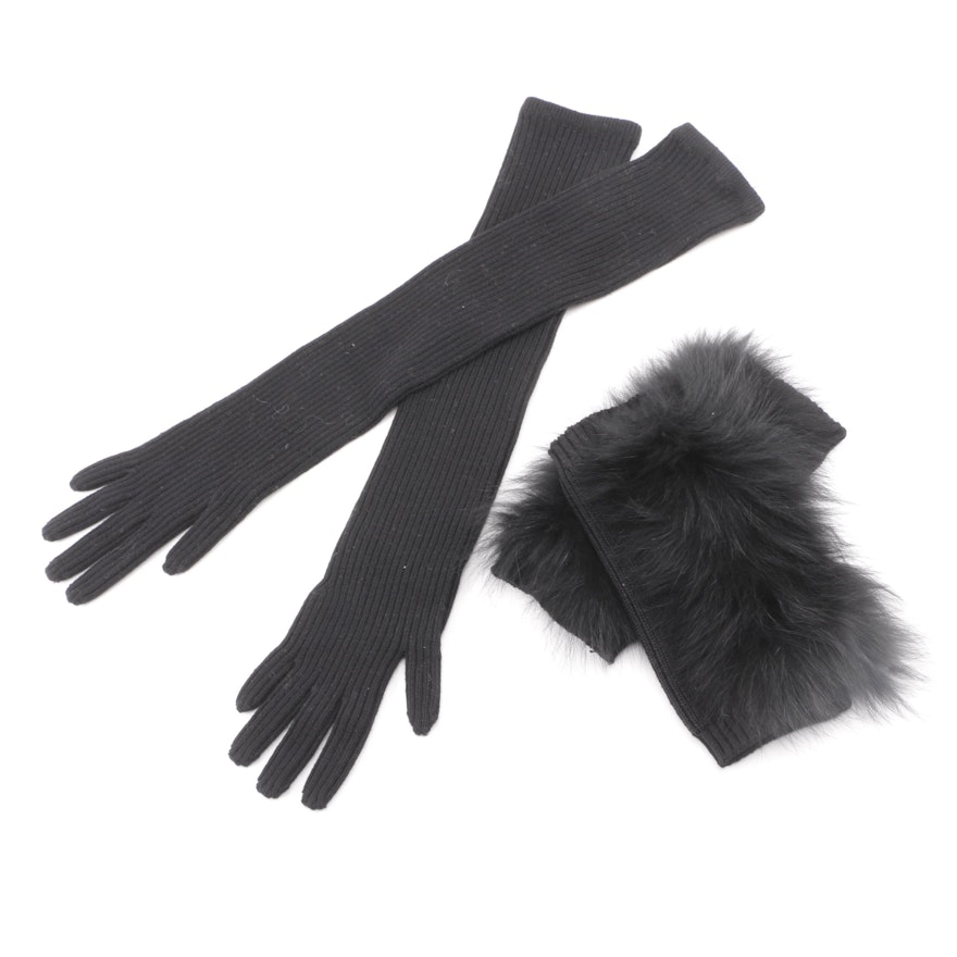 Max Mara Black Knit Gloves with Removable Fox Fur Cuffs