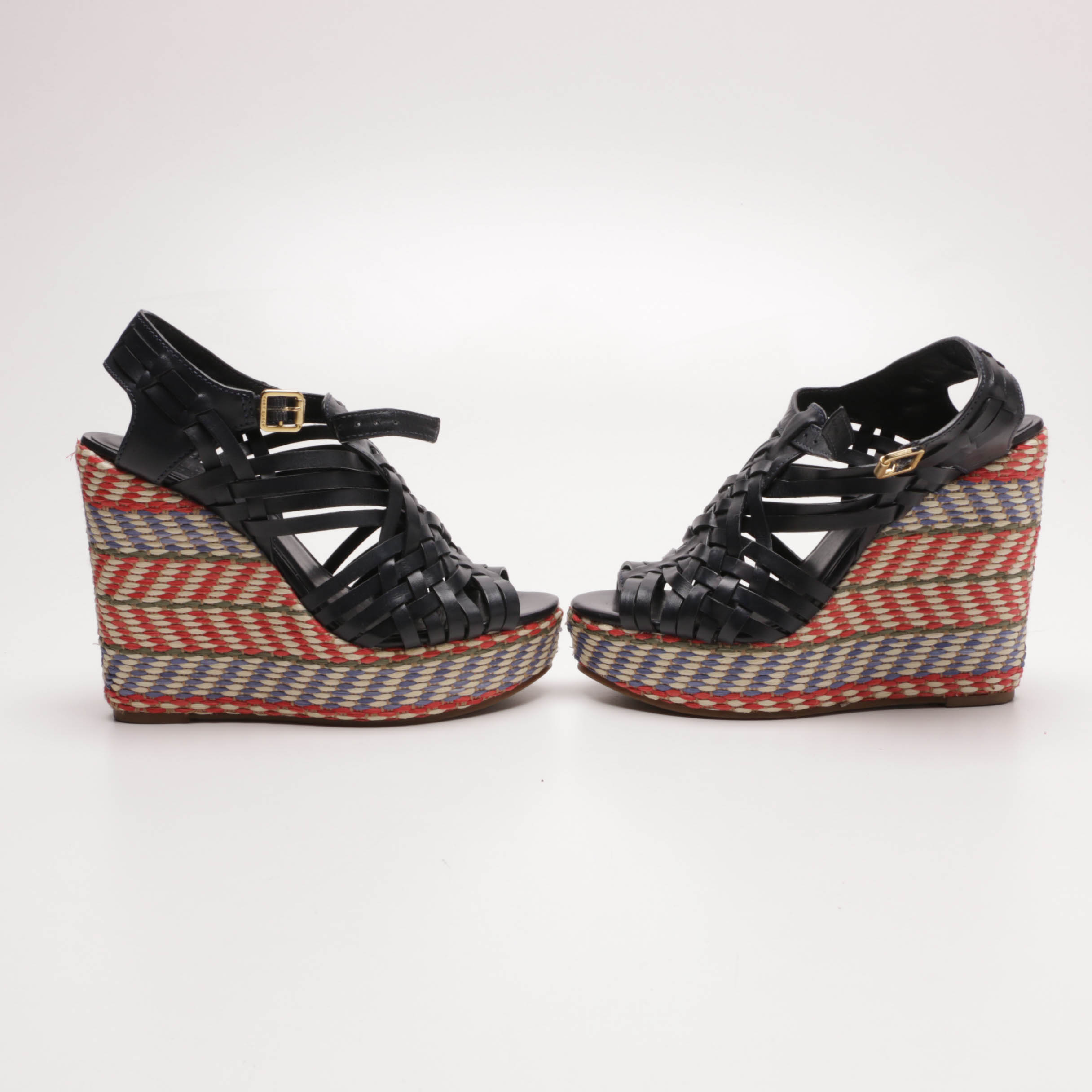 Tory Burch Woven Leather and Raffia Wedges and Sandals