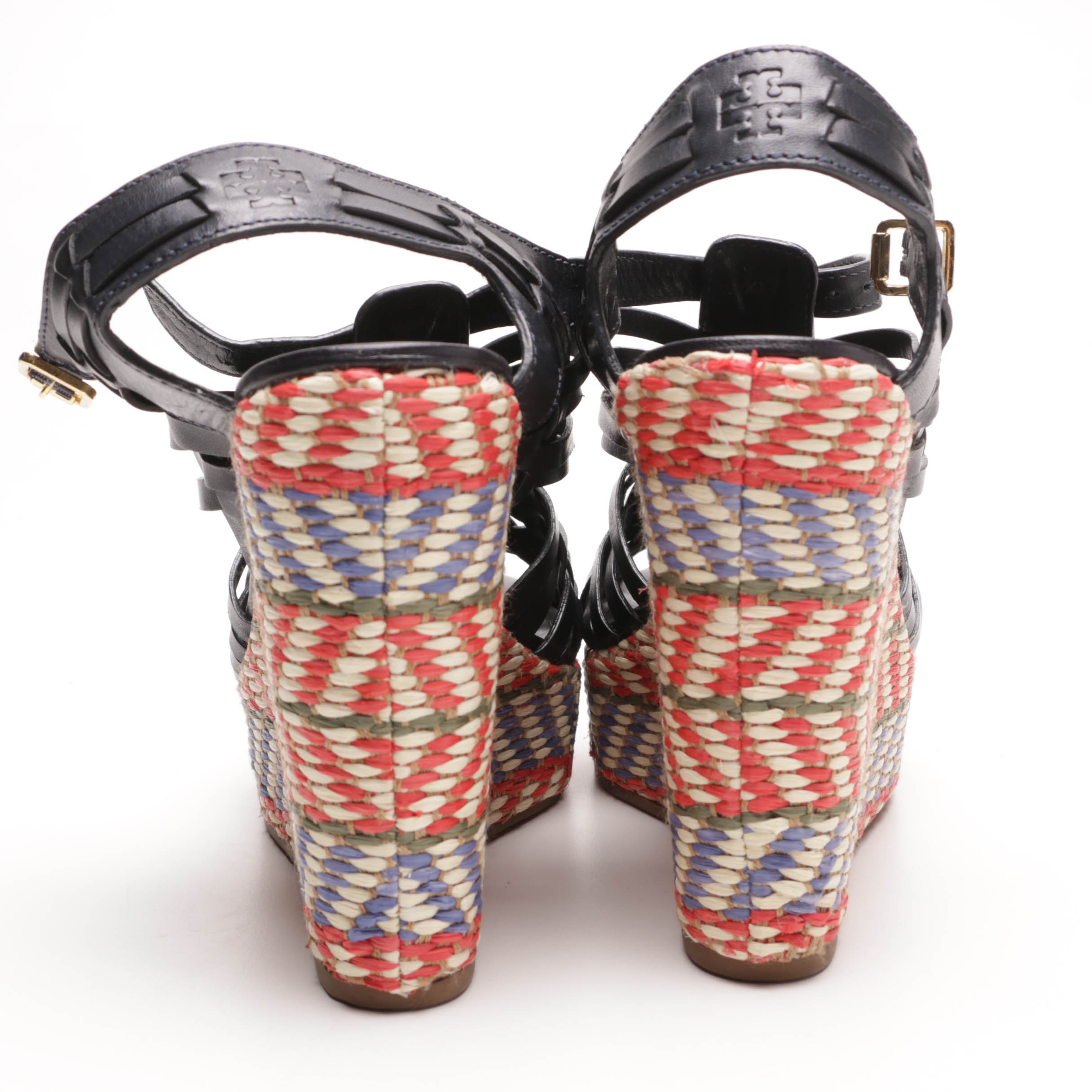 Tory Burch Woven Leather and Raffia Wedges and Sandals