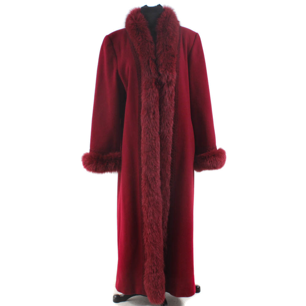 Marvin Richards for Parisian Red Lamb's Wool Coat with Fox Fur Trim