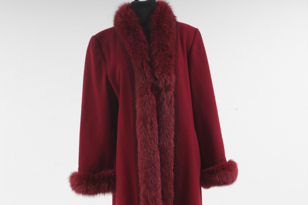 Marvin Richards for Parisian Red Lamb's Wool Coat with Fox Fur Trim