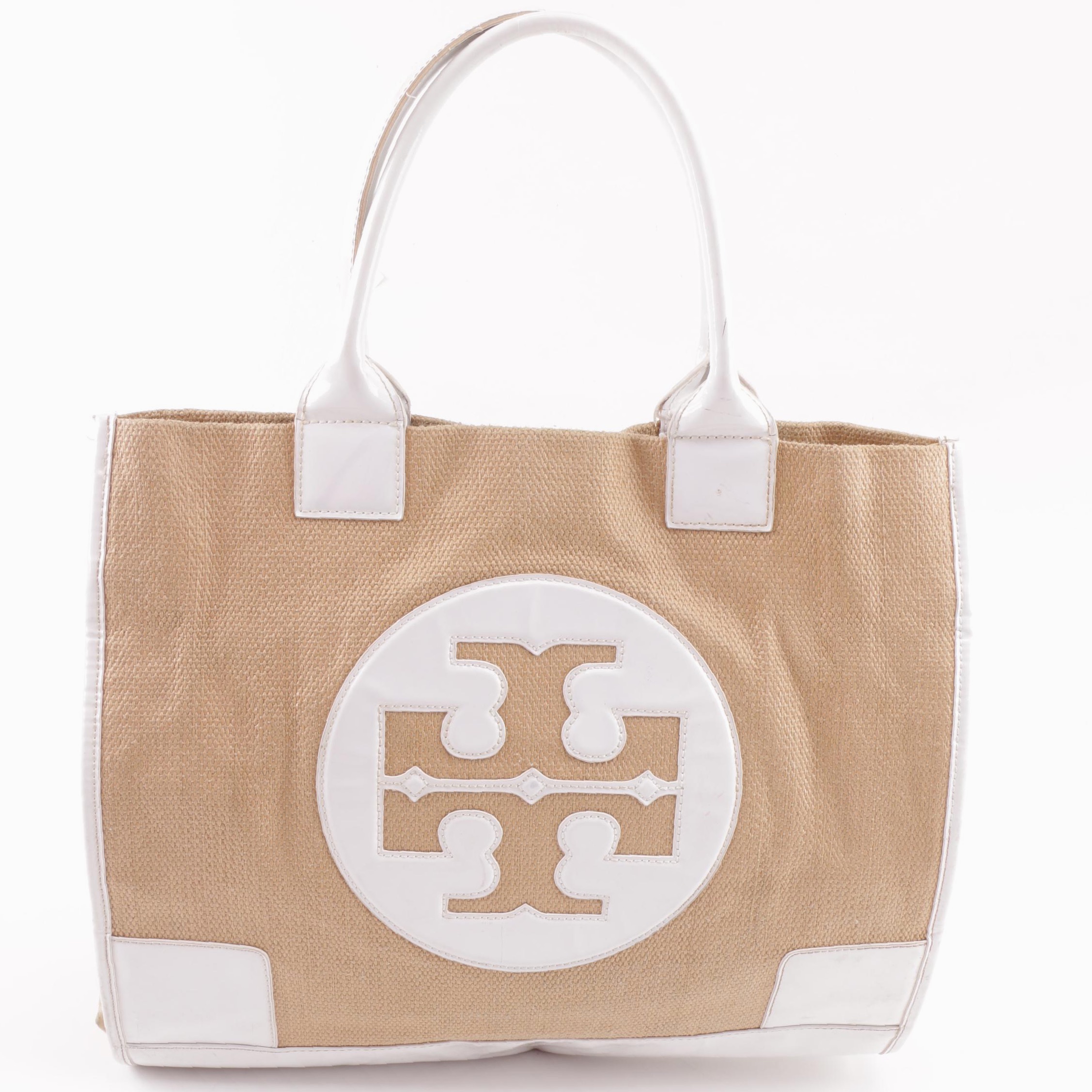 Tory Burch Ella Raffia, Canvas and Patent Leather Tote