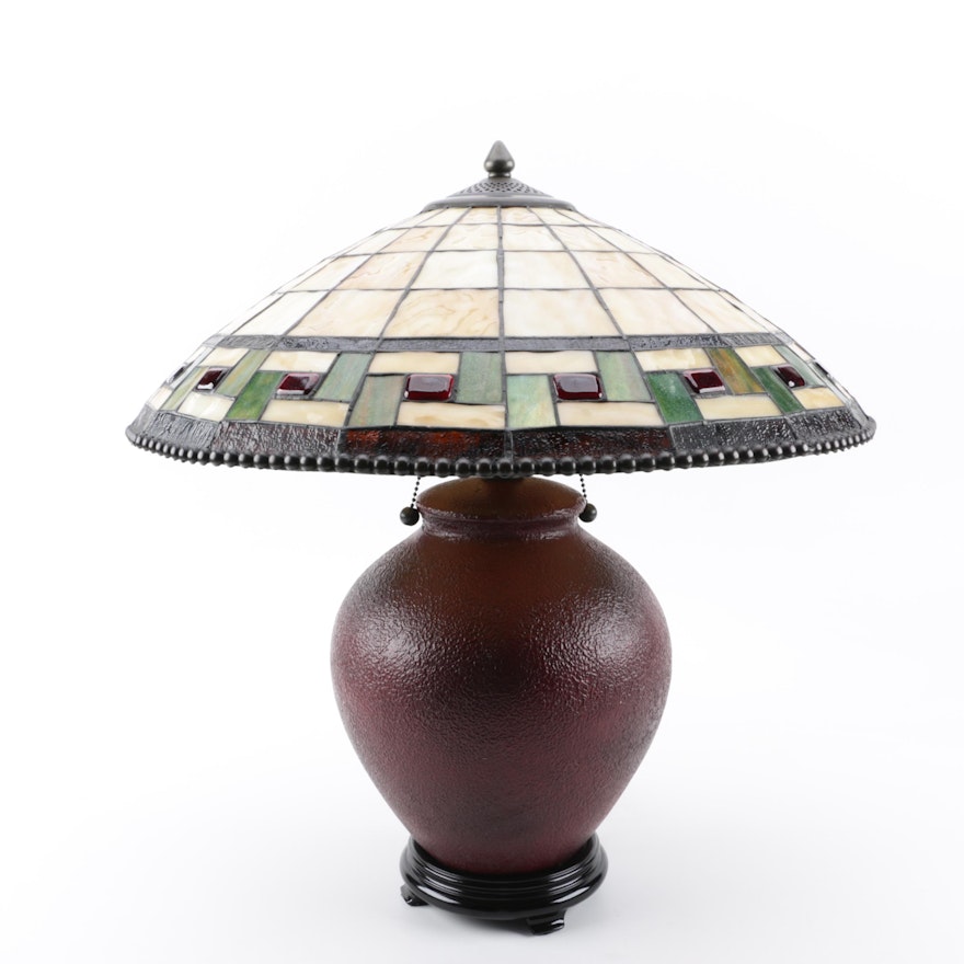 Contemporary Mission Style Lamp with Slag and Stained Glass Shade