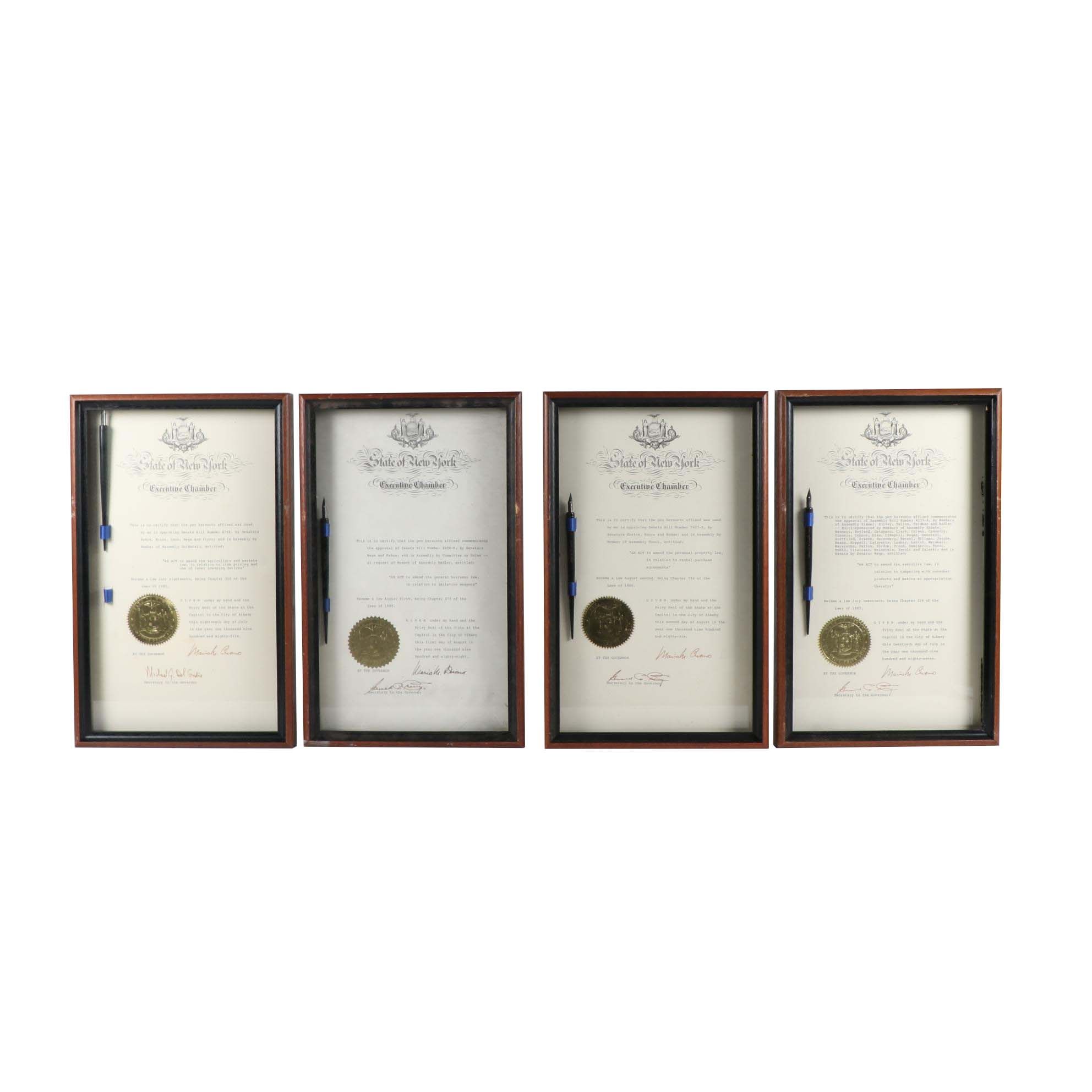 Framed New York Governor Mario Cuomo Signed Senate Documents with Pens