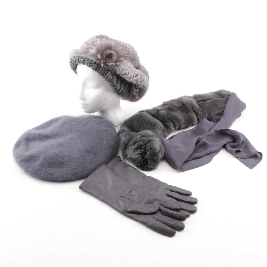 Women's Wool and Mink Fur Hats with Leather Gloves and Rabbit Fur Collar