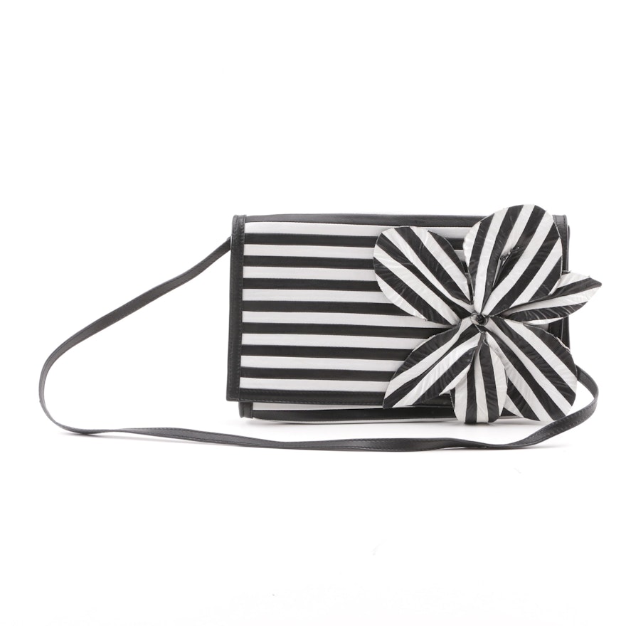 Anne Fontaine Black and White Striped Leather Floral Accent Shoulder Bag