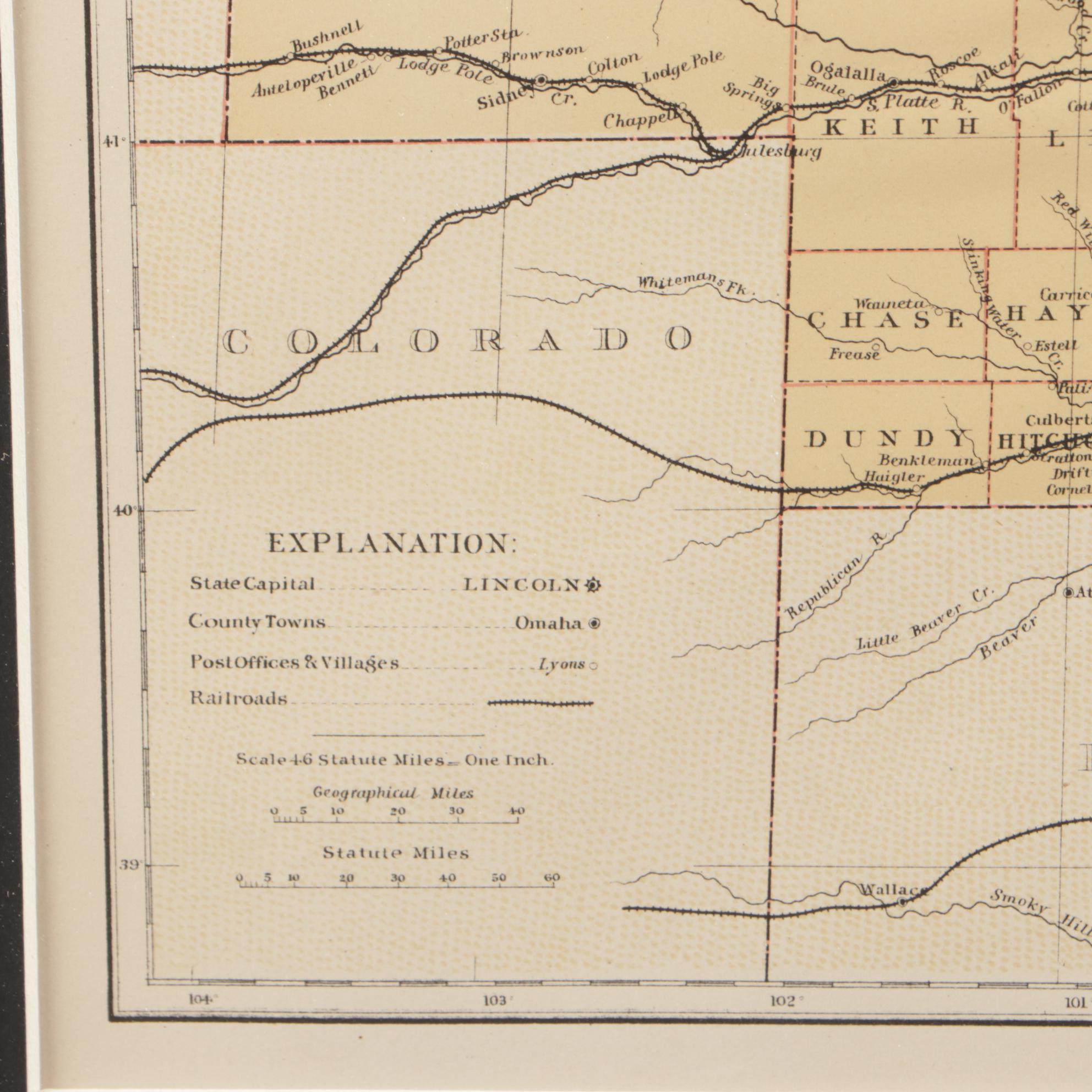 Antique 1890 Map of Nebraska