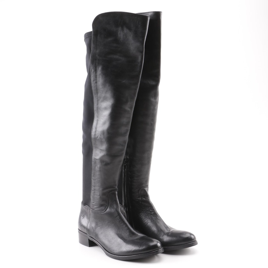 Pergamo Black Leather and Stretch Panel Over-the-Knee Boots