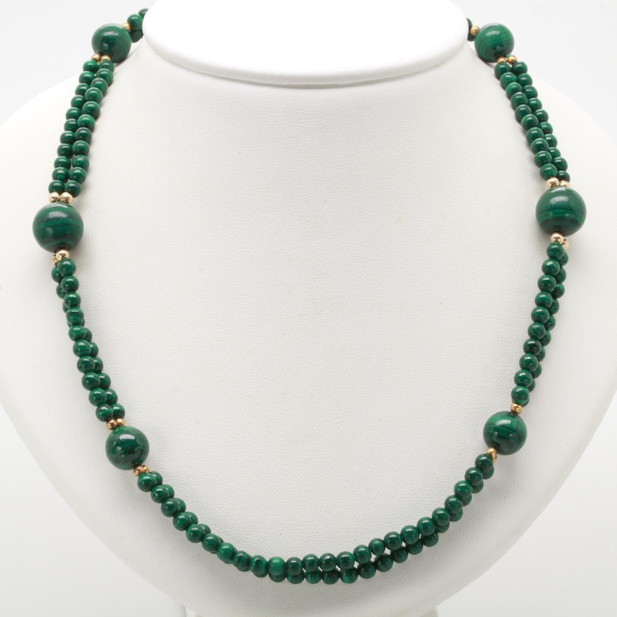 Gold Filled and Beaded Malachite Double Strand Necklace