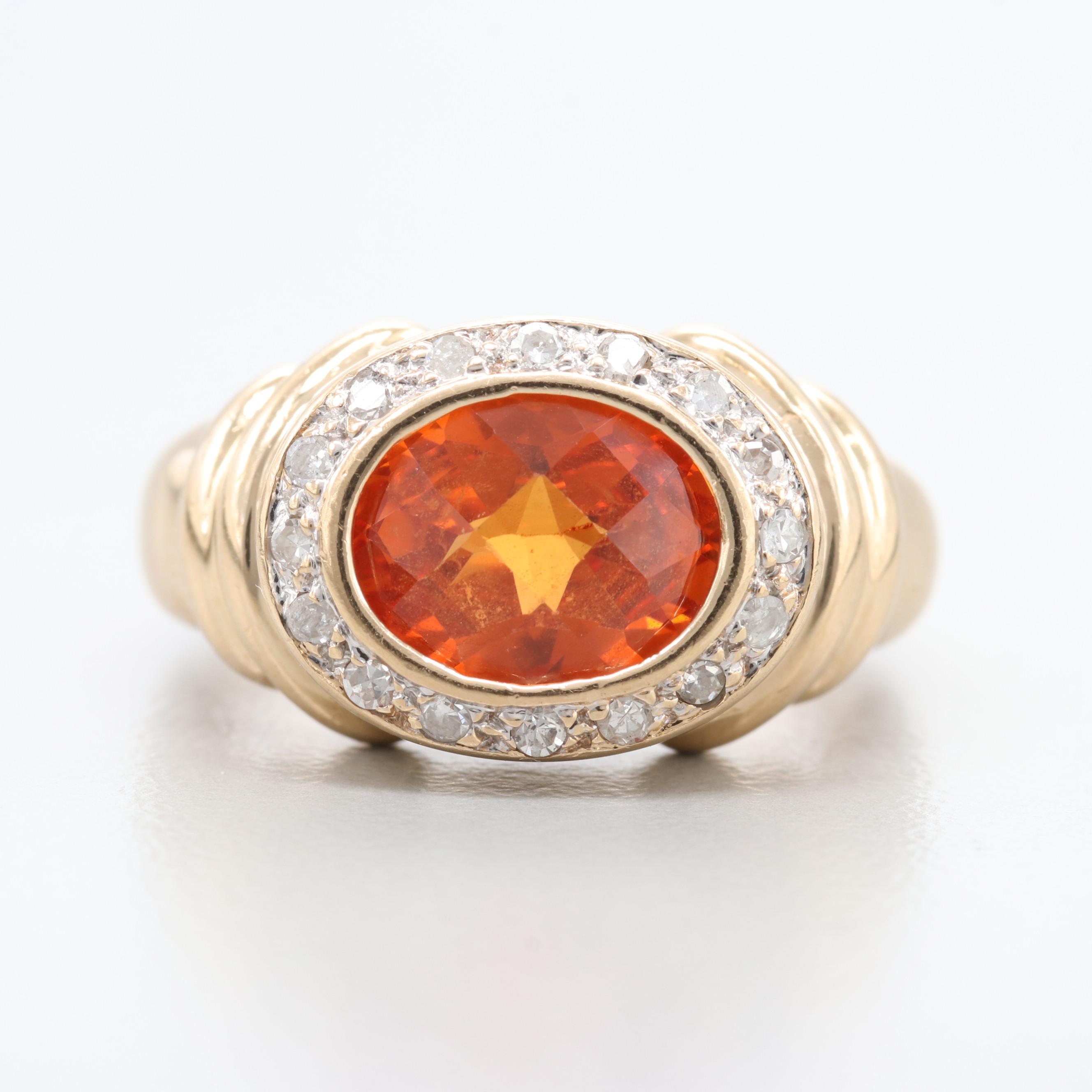 14K Yellow Gold Synthetic Orange Sapphire and Diamond Ring