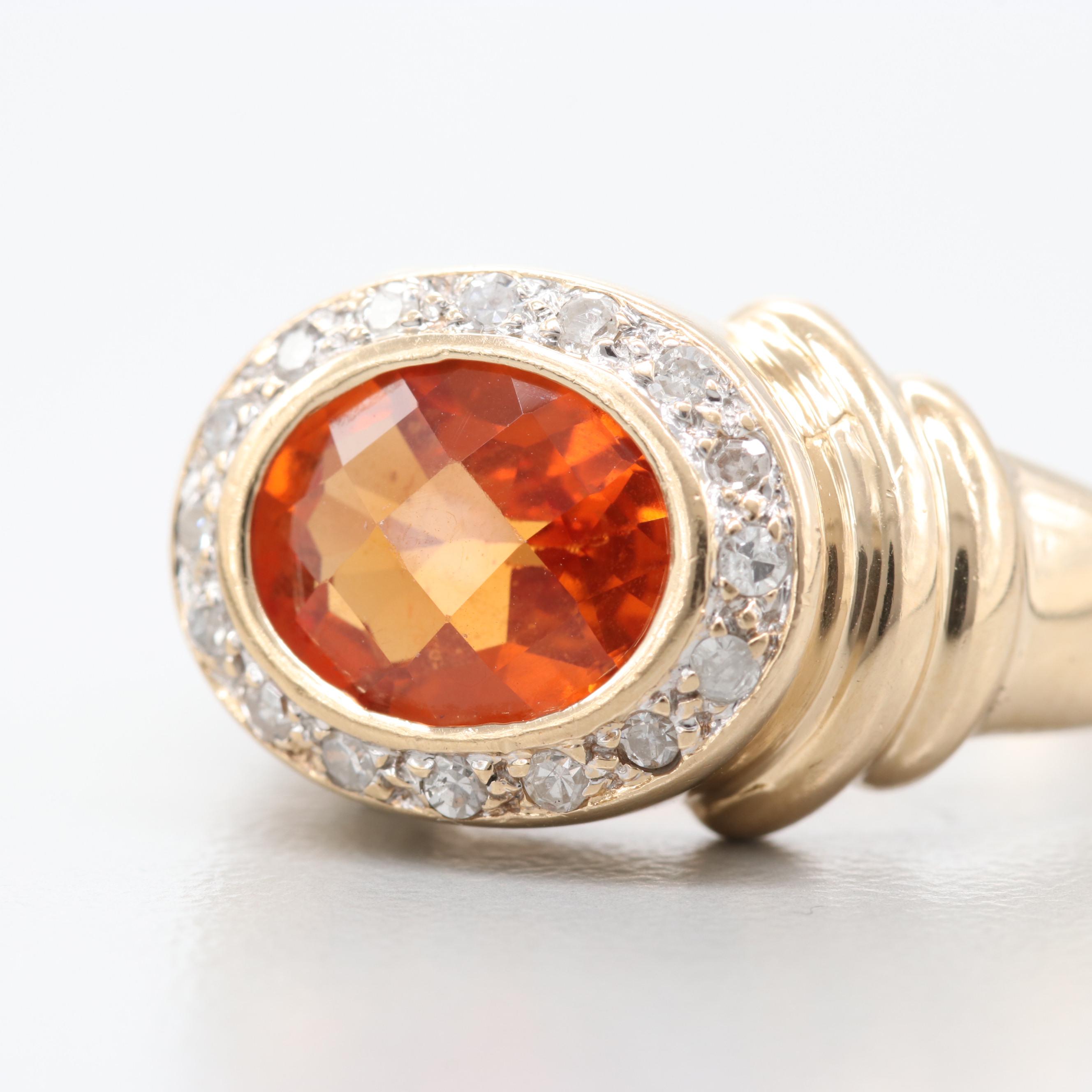 14K Yellow Gold Synthetic Orange Sapphire and Diamond Ring