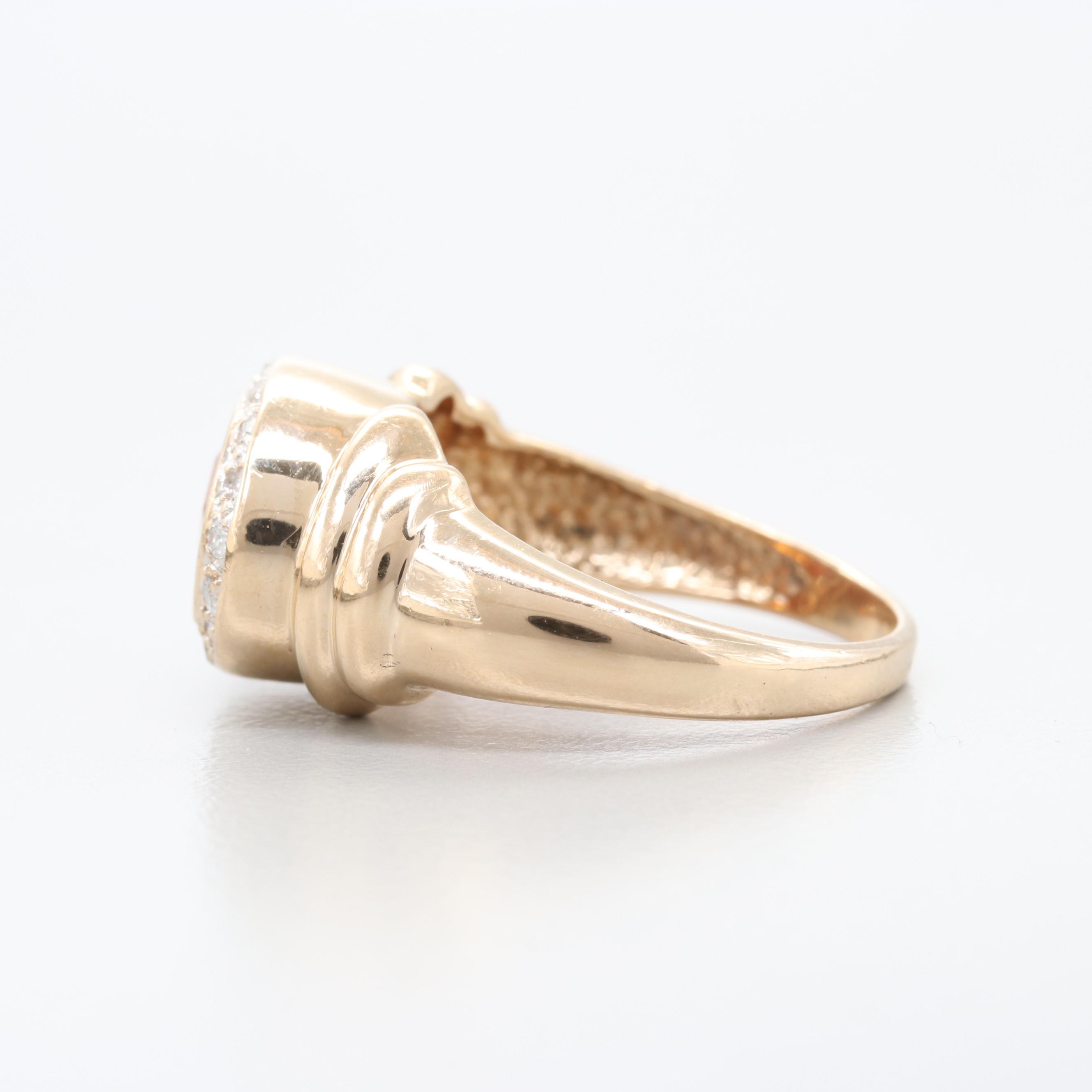 14K Yellow Gold Synthetic Orange Sapphire and Diamond Ring