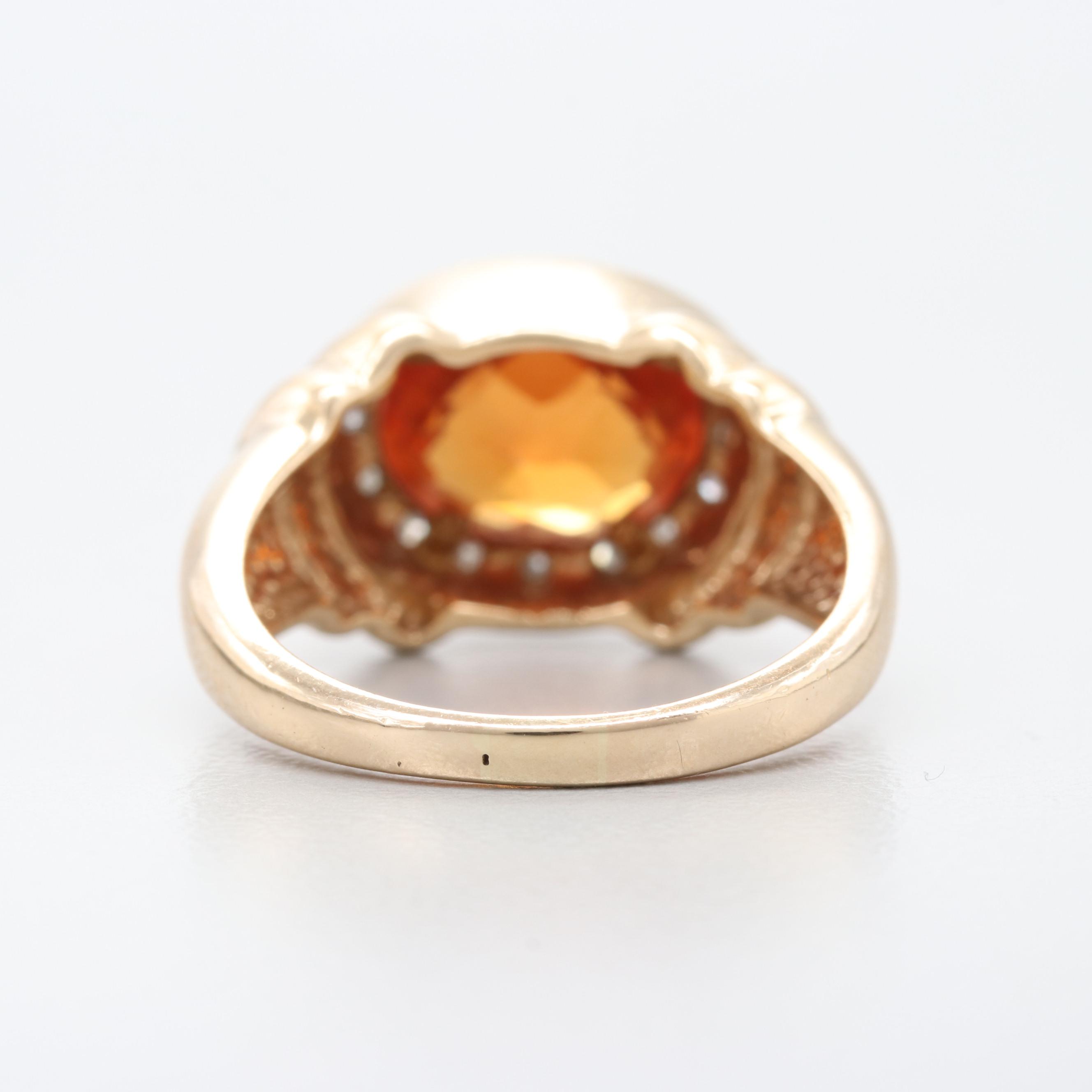 14K Yellow Gold Synthetic Orange Sapphire and Diamond Ring