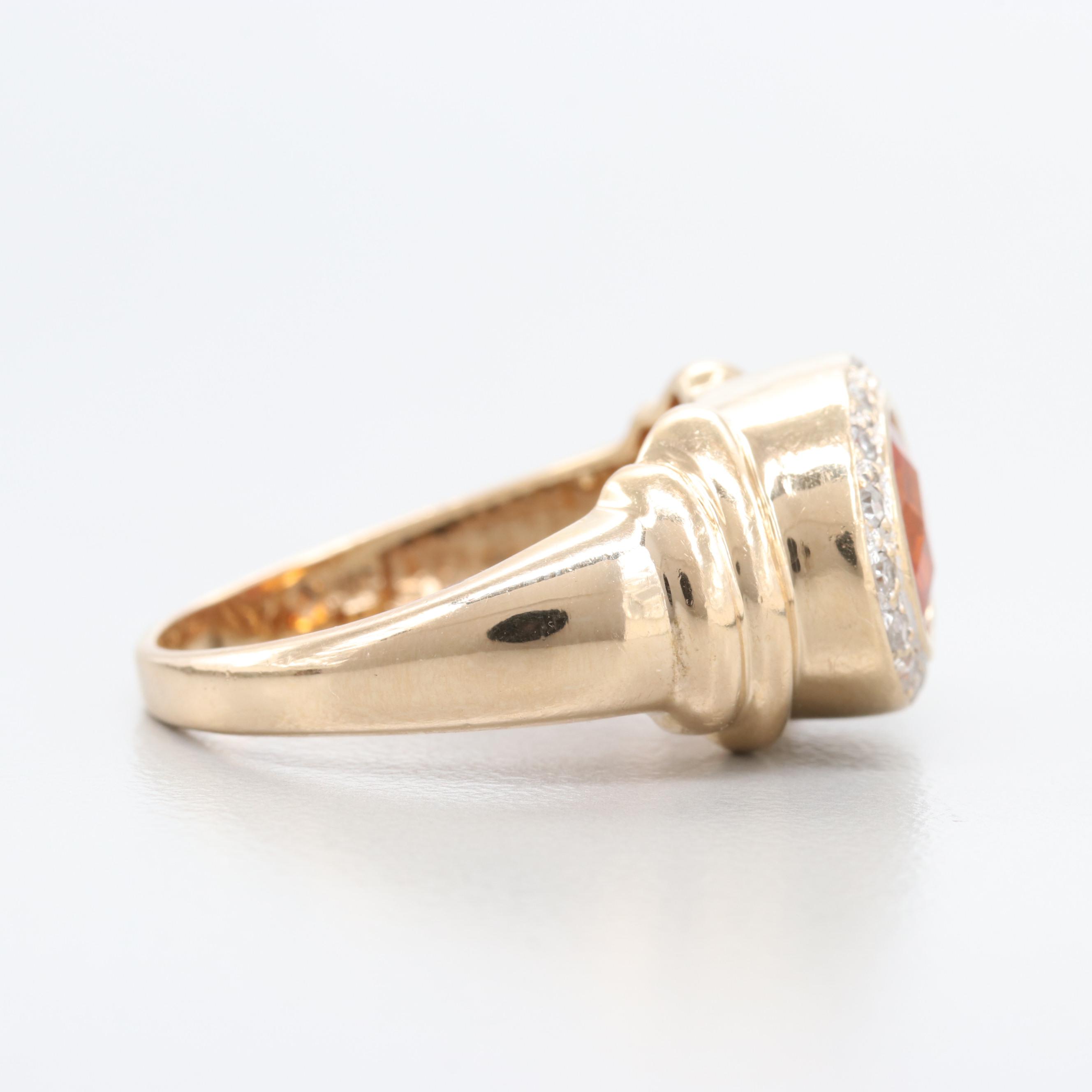 14K Yellow Gold Synthetic Orange Sapphire and Diamond Ring