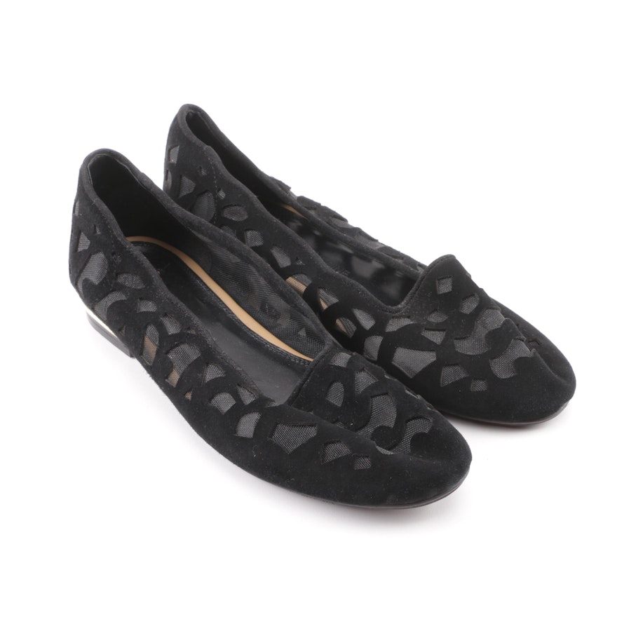 Anne Fontaine Black Laser Cut Suede and Mesh Flats