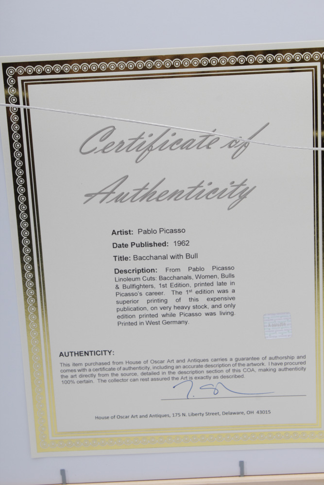 Pablo Picasso 1962 Color Linoleum Cut "Bacchanal with Bull"