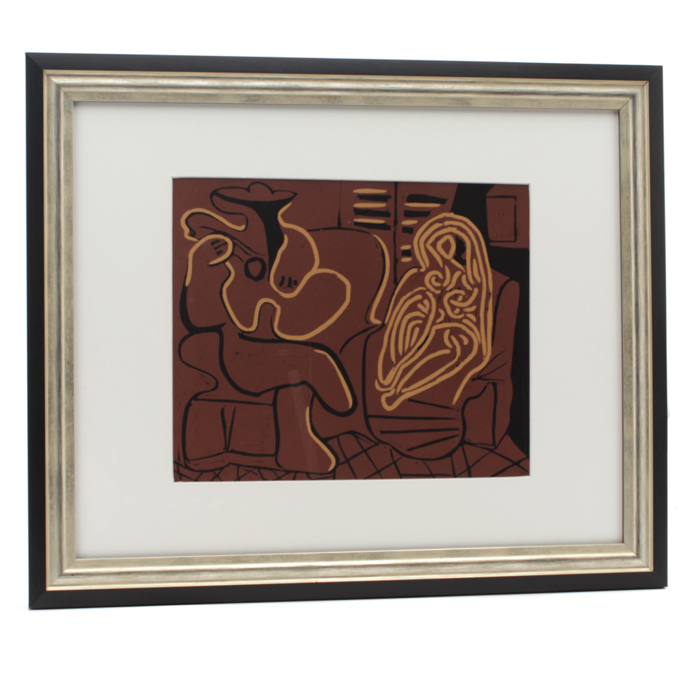 Pablo Picasso 1962 Color Linoleum Cut "Guitar Player and Seated Woman"