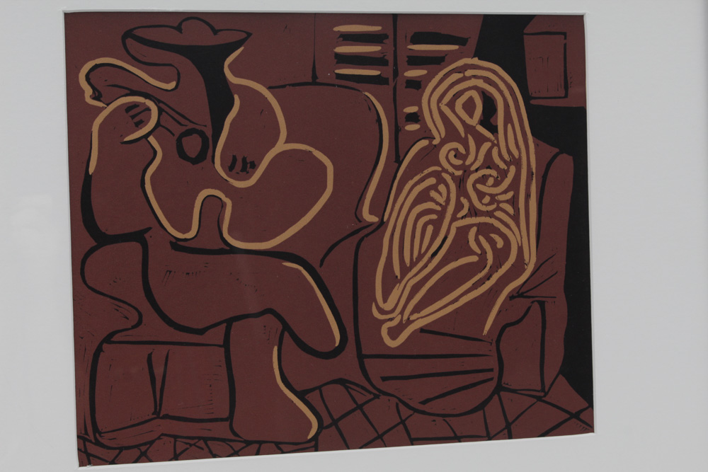 Pablo Picasso 1962 Color Linoleum Cut "Guitar Player and Seated Woman"