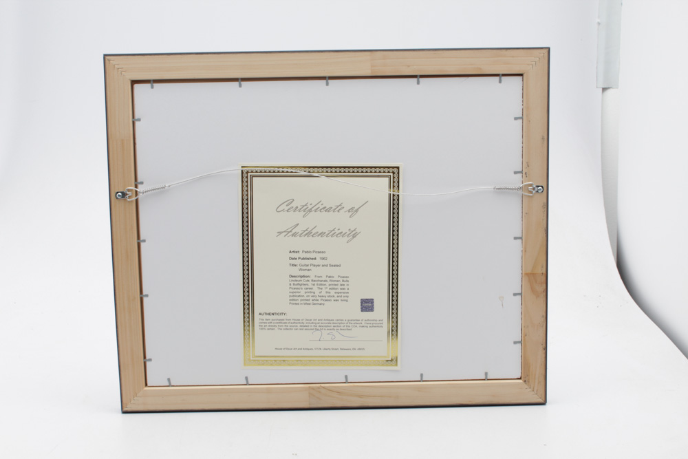 Pablo Picasso 1962 Color Linoleum Cut "Guitar Player and Seated Woman"