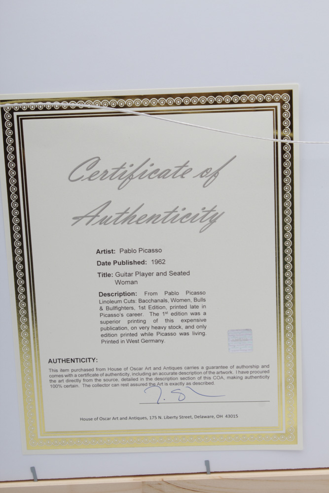 Pablo Picasso 1962 Color Linoleum Cut "Guitar Player and Seated Woman"