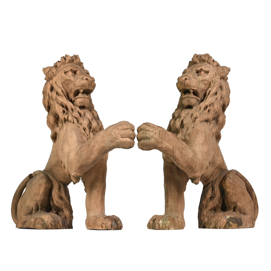 Pair of Carved Oak Lion Carousel Bench Supports, Early 20th Century