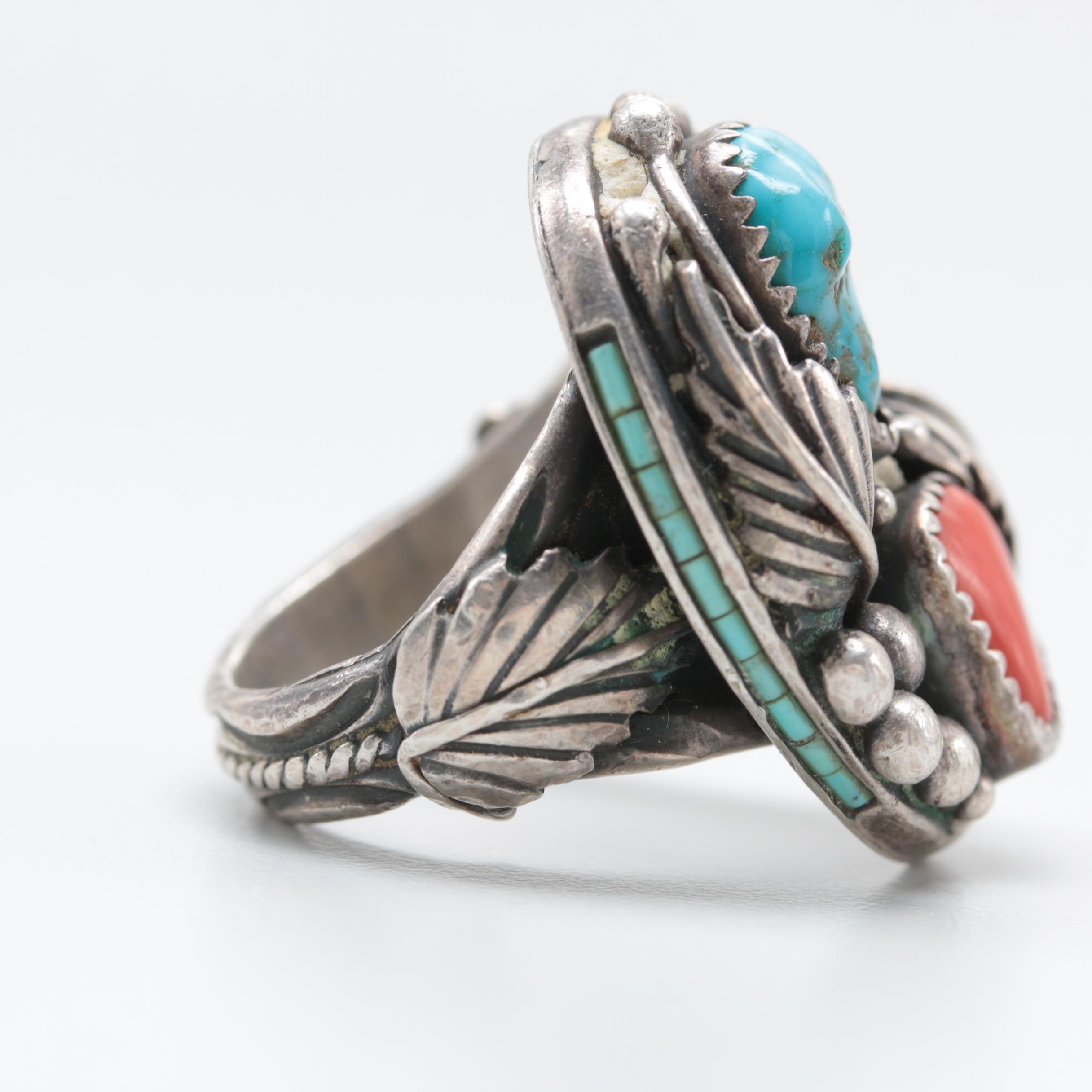 Southwest Style Sterling Silver Turquoise and Coral Ring
