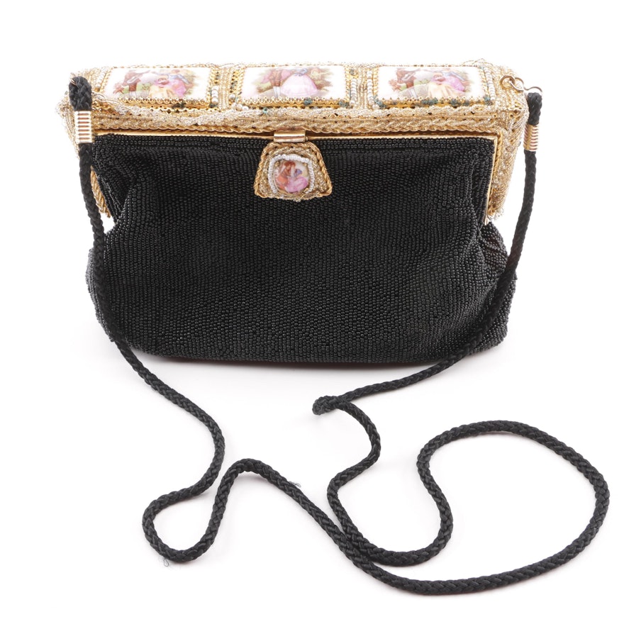 Vintage Delill Beaded Handbag with Courting Scene Transferware Embellishments
