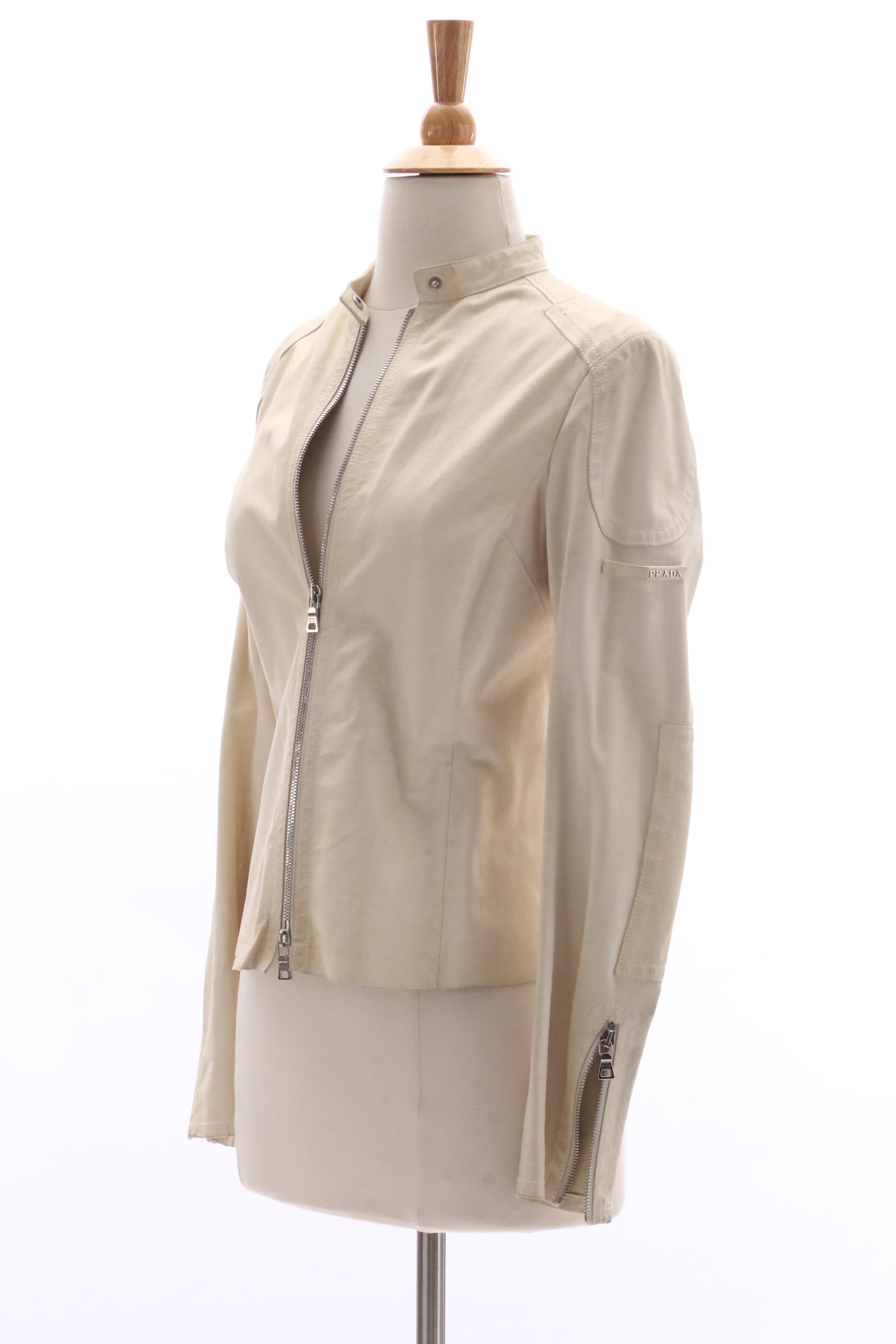 Prada Cream Leather Zipper-Front Jacket