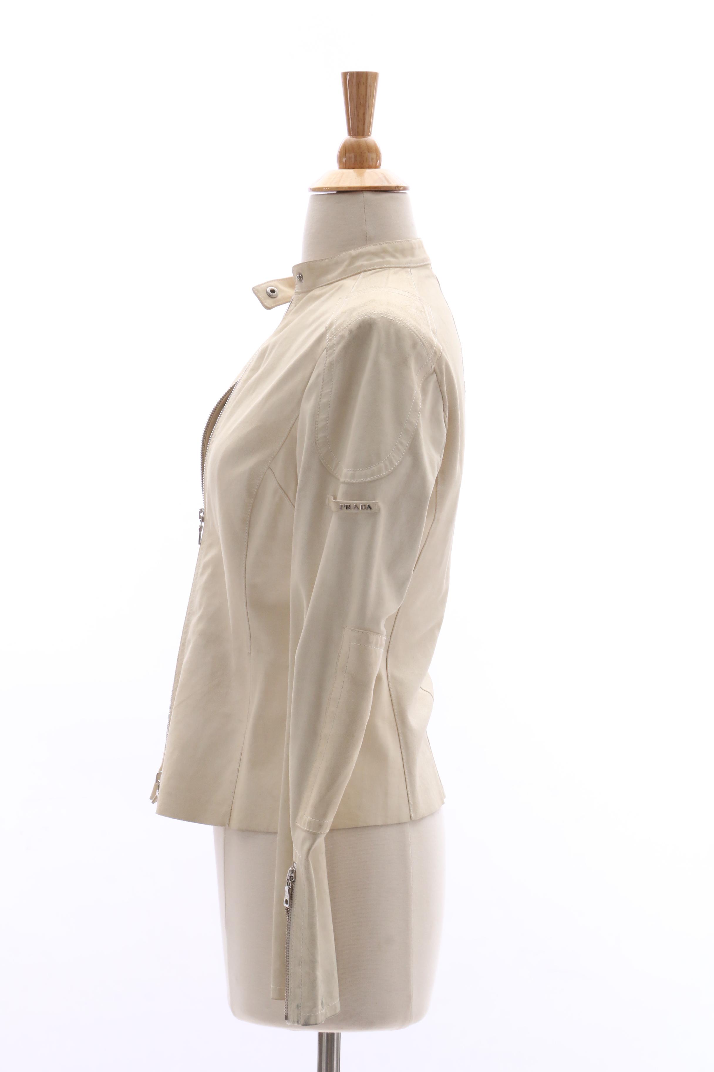 Prada Cream Leather Zipper-Front Jacket