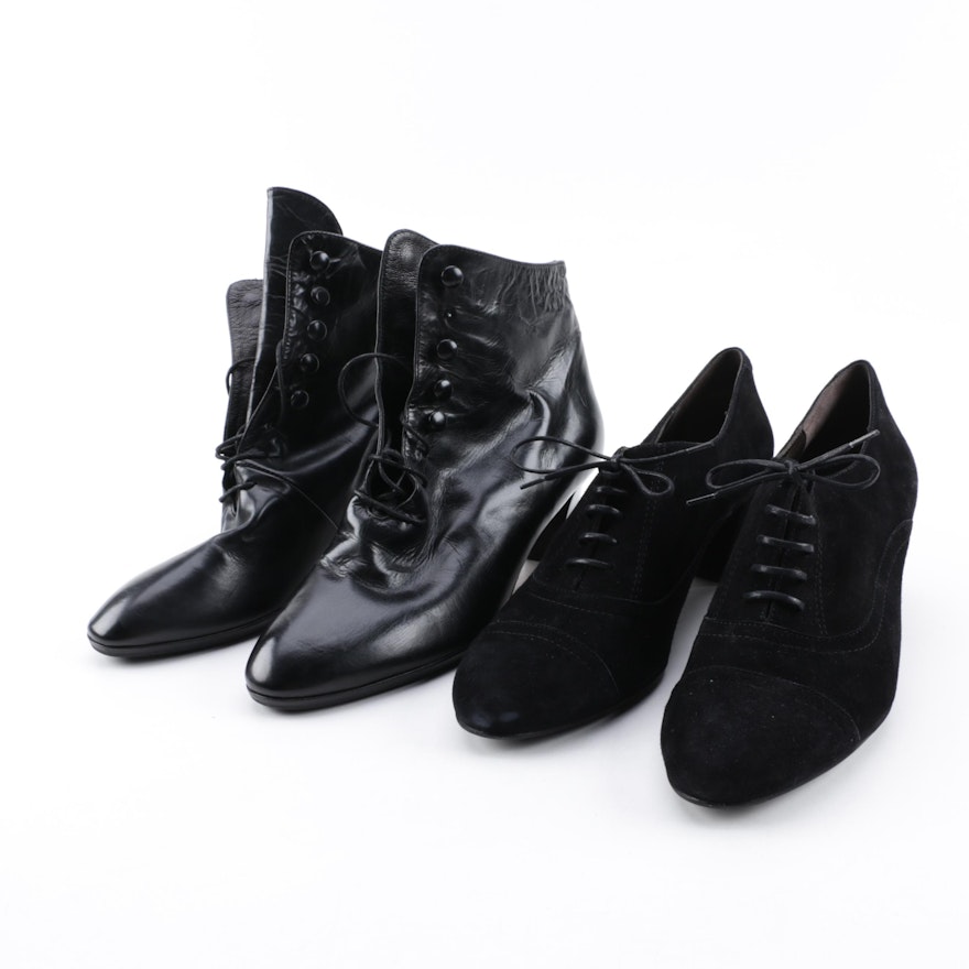 Women's Black Leather Lace-Up Perlato Derby Shoes and Herzel De Bach Booties