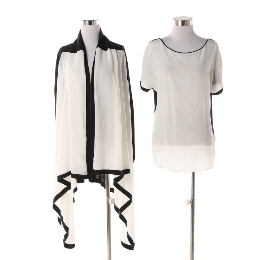 Anne Fontaine White Silk and Black Cashmere Mikio Draped Cardigan and Merye Top