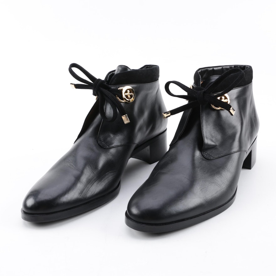 French Sole New York Black Leather Fleur-de-Lis Accent Booties