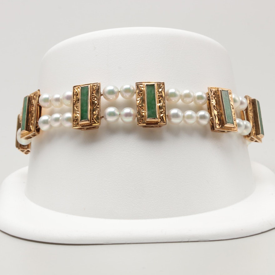 14K Yellow Gold Cultured Pearl and Jadeite Bracelet